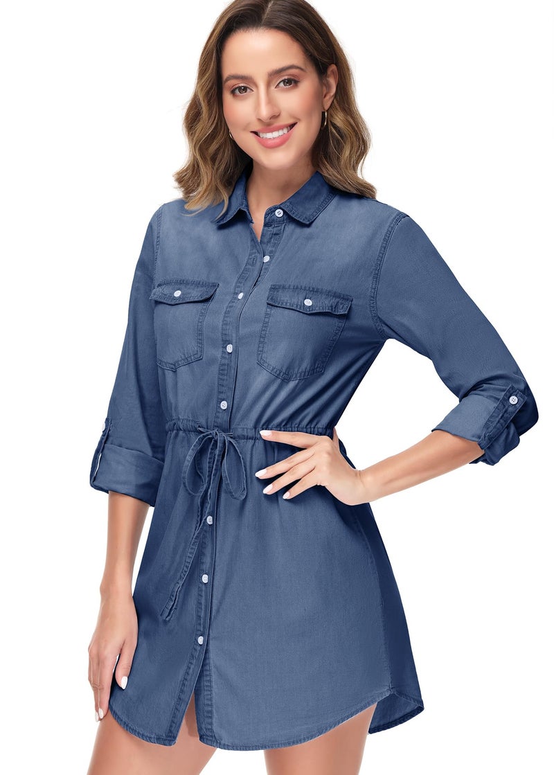 Anna-Kaci Women's Jean Shirt Dress Long Sleeves Waist Ties Casual Short Chambray Denim, Blue, Small - Image 3